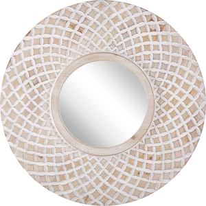 Beliani Wall Mirror Light Wood Round 60 cm Handmade Frame White Quatrefoil Geometric Pattern Boho Rustic Material:Fir Wood Size:2x60x60