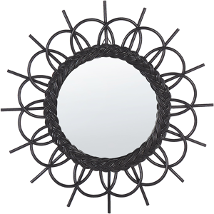 Beliani Wall Mirror Black Rattan Frame ø 60 cm Modern Sunburst Design Hanging Living Room Decoration Material:Rattan Size:3x60x60