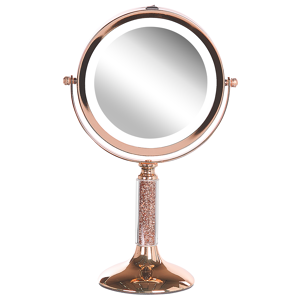 Beliani Makeup Mirror Rose Gold Iron Metal Frame ø 13 cm with LED Light 1x/5x Magnification Double Sided Cosmetic Desktop Material:Iron Size:12x34x18
