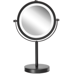 Beliani Makeup Mirror Black Iron Metal Frame ø 13 cm with LED Light 1x/5x Magnification Double Sided Cosmetic Desktop Material:Iron Size:12x33x17