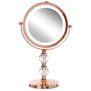 Beliani Makeup Mirror Rose Gold Iron Metal Frame ø 13 cm with LED Light 1x/5x Magnification Double Sided Cosmetic Desktop Material:Iron Size:13x34x18