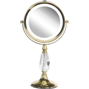 Beliani Makeup Mirror Gold Iron Metal Frame ø 13 cm with LED Light 1x/5x Magnification Double Sided Cosmetic Desktop Material:Iron Size:12x37x18