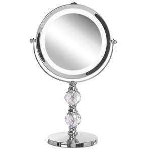 Beliani Makeup Mirror Silver Iron Metal Frame ø 13 cm with LED Light 1x/5x Magnification Double Sided Cosmetic Desktop Material:Iron Size:13x34x18