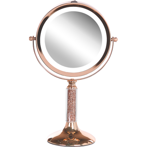 Beliani Makeup Mirror Rose Gold Iron Metal Frame ø 13 cm with LED Light 1x/5x Magnification Double Sided Cosmetic Desktop Material:Iron Size:12x34x18