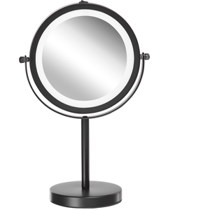 Beliani Makeup Mirror Black Iron Metal Frame ø 13 cm with LED Light 1x/5x Magnification Double Sided Cosmetic Desktop Material:Iron Size:12x33x17