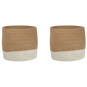 Beliani Set of 2 Storage Baskets Jute and Cotton Beige and White Braided Laundry Hamper Fabric Bin Material:Jute Size:34/37x30/33x34/37