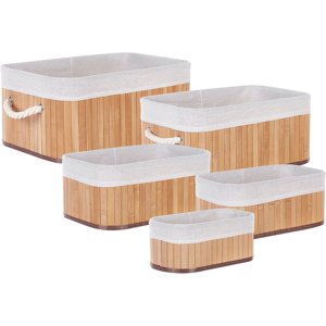 Beliani Set of 5 Baskets Light Wood Natural Bamboo Wood Polyester with Handles Various Sizes Boho Modern Storage Accessory Material:Bamboo Wood Size:15/19/24/27/30x12/14/16/18/20x28/33/36/40/44