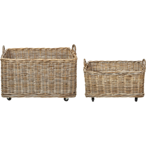 Beliani Set of 2 Baskets Natural Rattan with Plastic Rubber Wheels Handles Handmade Wooden Frame Boho Style Living Room Bedroom Material:Rattan Size:36/47x35/48x64/78