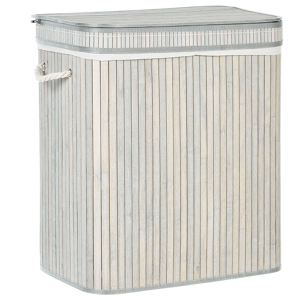 Beliani Basket with Zippered Lid Grey Bamboo Wood Laundry Hamper 2-Compartments with Rope Handles  Material:Bamboo Wood Size:34x60x52