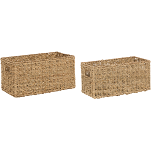 Beliani Set of 2 Baskets Natural Seagrass with Handles Handwoven Home Accessory Decoration Boho Style Material:Seagrass Size:37/40x19/20x18/20