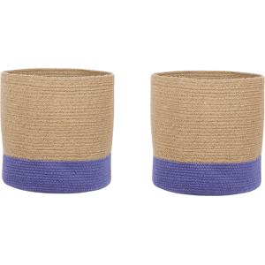 Beliani Set of 2 Storage Baskets Cotton Beige and Violet Braided Laundry Hamper Fabric Bin Material:Jute Size:34/37x30/33x34/37