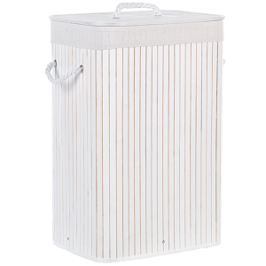 Beliani Storage Basket White Bamboo with Lid Laundry Bin Boho Practical Accessories Material:Bamboo Wood Size:30x60x40
