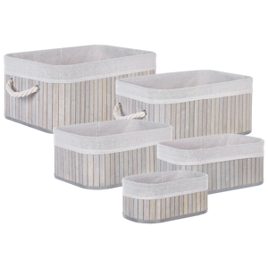 Beliani Set of 5 Baskets Grey Natural Bamboo Wood Polyester with Handles Various Sizes Boho Modern Storage Accessory Material:Bamboo Wood Size:15/19/24/27/30x12/14/16/18/20x28/33/36/40/44
