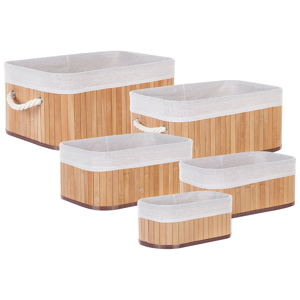 Beliani Set of 5 Baskets Light Wood Natural Bamboo Wood Polyester with Handles Various Sizes Boho Modern Storage Accessory Material:Bamboo Wood Size:15/19/24/27/30x12/14/16/18/20x28/33/36/40/44