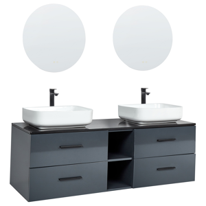 Beliani Double Sink Bathroom Vanity Grey MDF 4 Drawers Hanging Cabinet 2 Mirrors LED Touch  Material:MDF Size:52x49x150