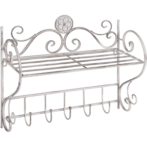 Beliani Bathroom Wall Shelf White Metal 42 x 47 cm Distressed Effect Floating Single Shelf with Hooks Vintage Style Material:Iron Size:18x42x47