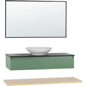 Beliani 4 Piece Bathroom Furniture Set Green and Light Wood MDF with Ceramic Basin Wall Mount Vanity Cabinet with Mirror Material:MDF Size:xx