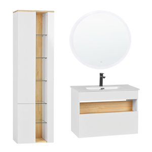 Beliani 3 Piece Bathroom Furniture Set White MDF with Ceramic Basin Wall Mount Vanity Tall Cabinet Round LED Mirror Material:MDF Size:xx