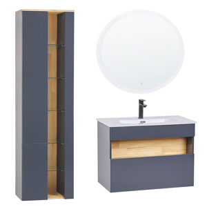 Beliani 3 Piece Bathroom Furniture Set Grey MDF with Ceramic Basin Wall Mount Vanity Tall Cabinet Round LED Mirror Material:MDF Size:xx
