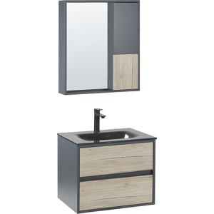 Beliani 4 Piece Bathroom Furniture Set Grey MDF 60 cm Cabinet Ceramic Basin Hanging Cabinet with Mirror Material:MDF Size:xx