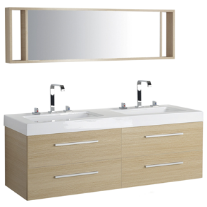 Beliani Bathroom Vanity Unit Light Wood Four Drawers Mirror Modern Material:MDF Size:48x59x138