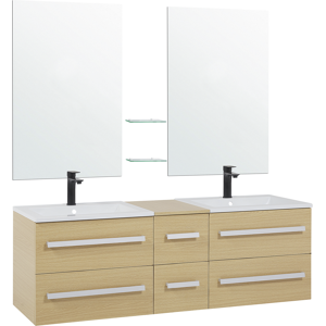 Beliani Bathroom Vanity Unit Light Wood Drawers Two Mirrors Modern Material:MDF Size:45x48x150