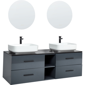 Beliani Double Sink Bathroom Vanity Grey MDF 4 Drawers Hanging Cabinet 2 Mirrors LED Touch  Material:MDF Size:52x49x150