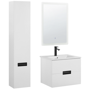 Beliani 3 Piece Bathroom Furniture Set White MDF with Ceramic Basin Wall Mount Vanity Tall Cabinet Rectangular LED Mirror Material:MDF Size:xx