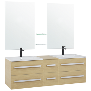 Beliani Bathroom Vanity Unit Light Wood Drawers Two Mirrors Modern Material:MDF Size:45x48x150