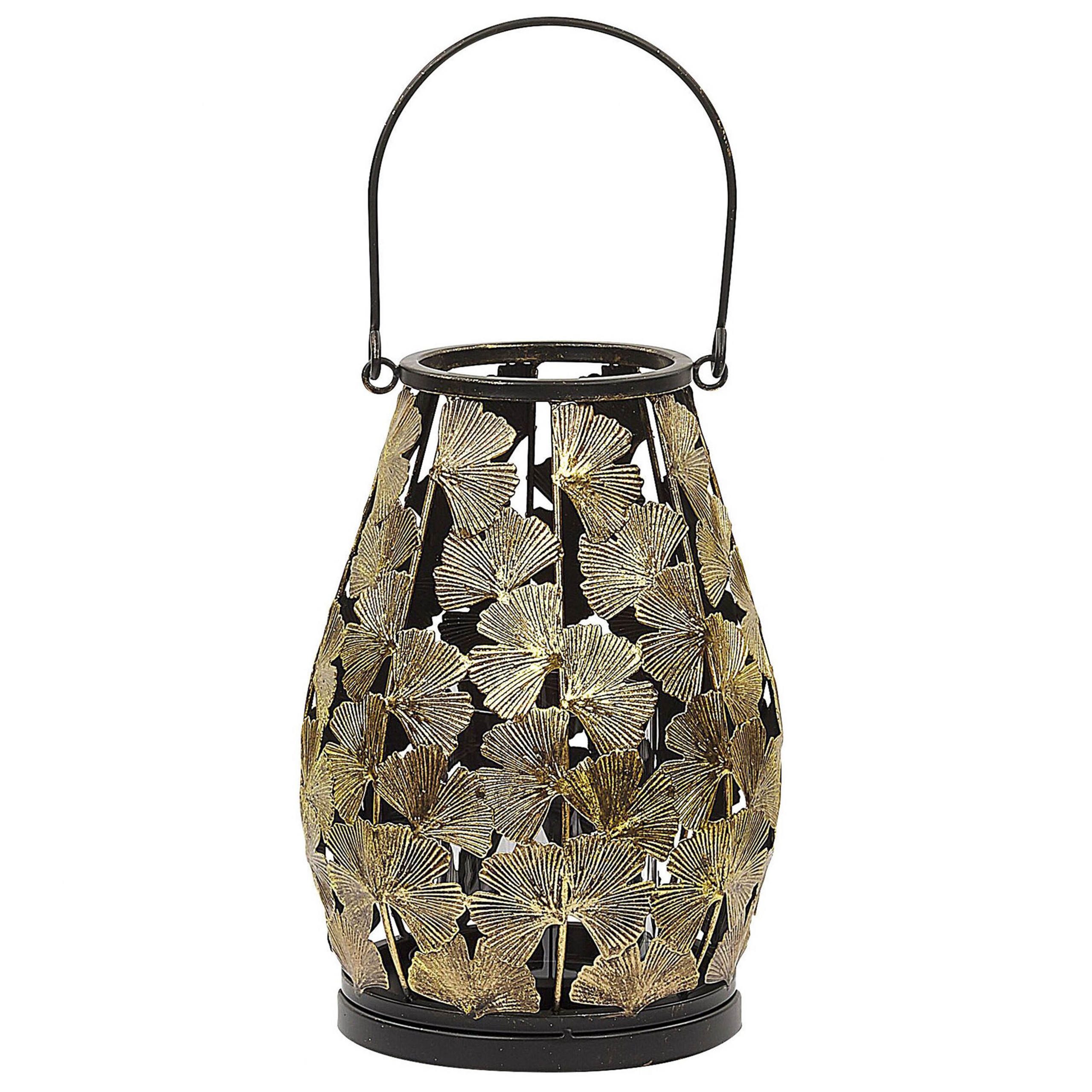 Beliani Lantern Gold Metal 27 cm with Glass Candle Holder Leaf Pattern Modern