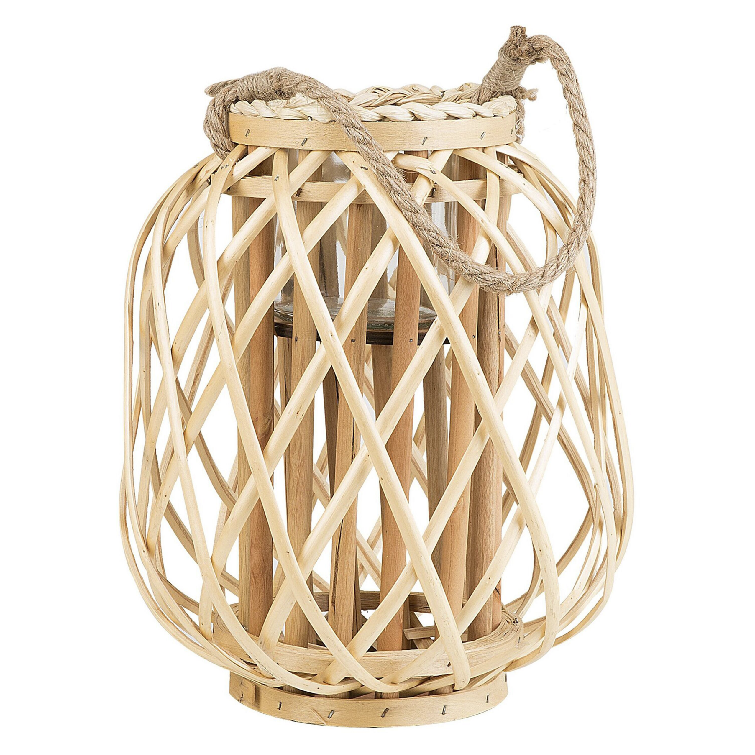 Beliani Lantern Light Willow Wood and Glass 30 cm Indoor Outdoor Scandinavian