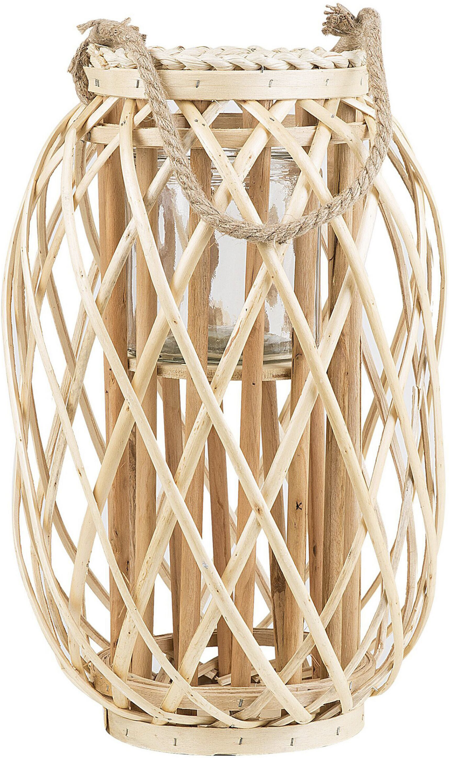 Beliani Lantern Light Wood Willow Wood and Glass 40 cm Indoor Outdoor Candle Holder Scandinavian Boho