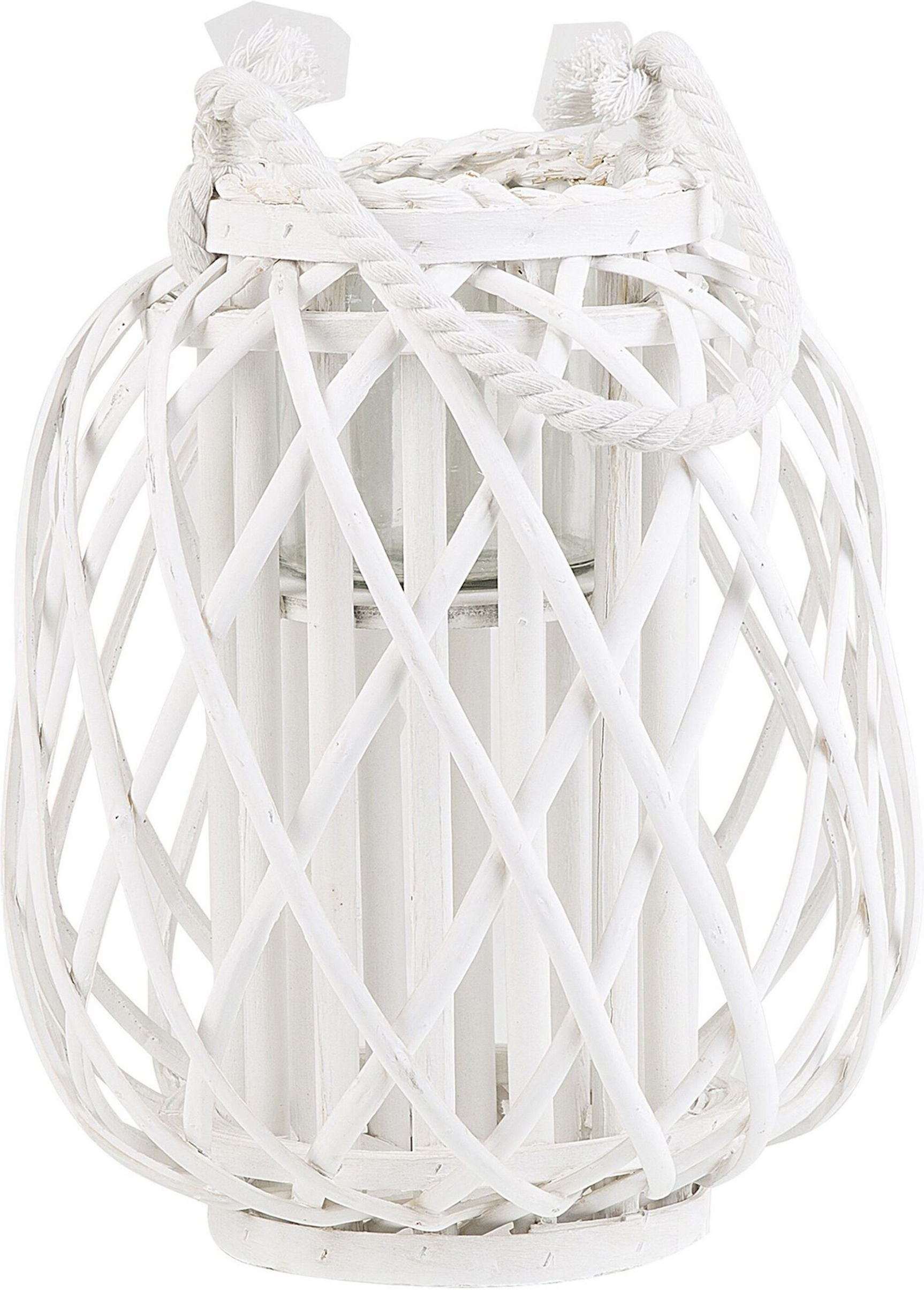 Beliani Lantern White Willow Wood and Glass 30 cm Indoor Outdoor Scandinavian