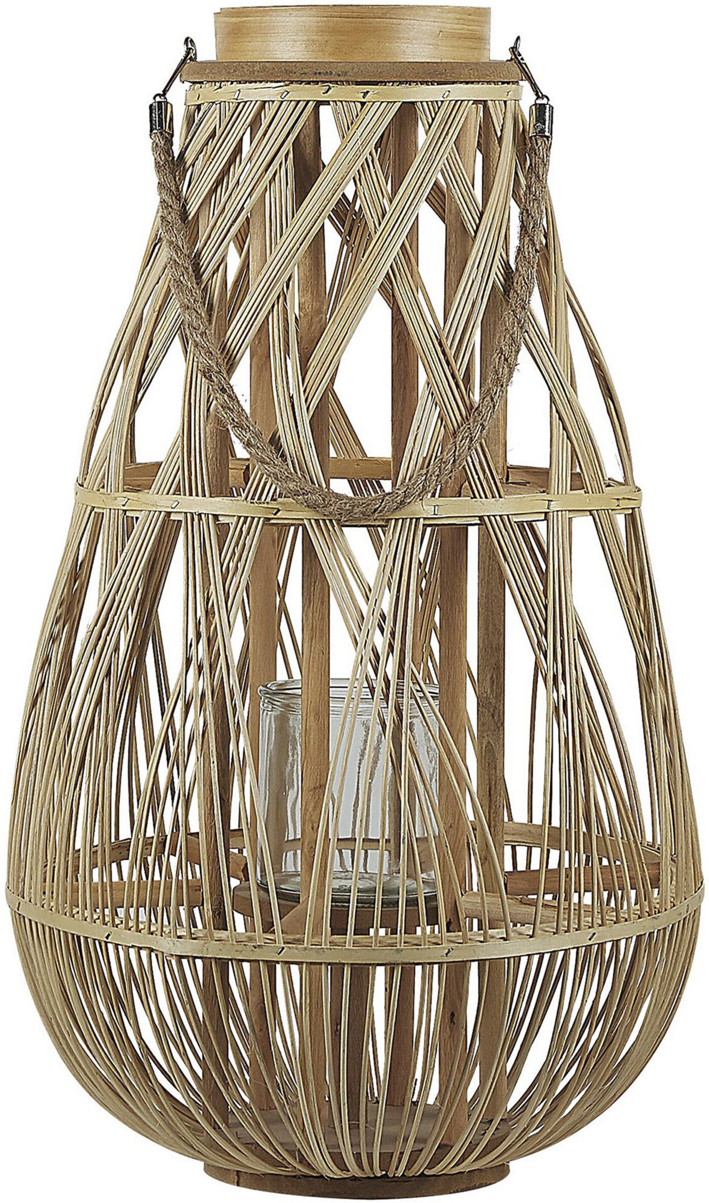 Beliani Lantern Light Bamboo Wood and Glass 56 cm Indoor Outdoor Wooven Candle Holder Scandinavian Boho