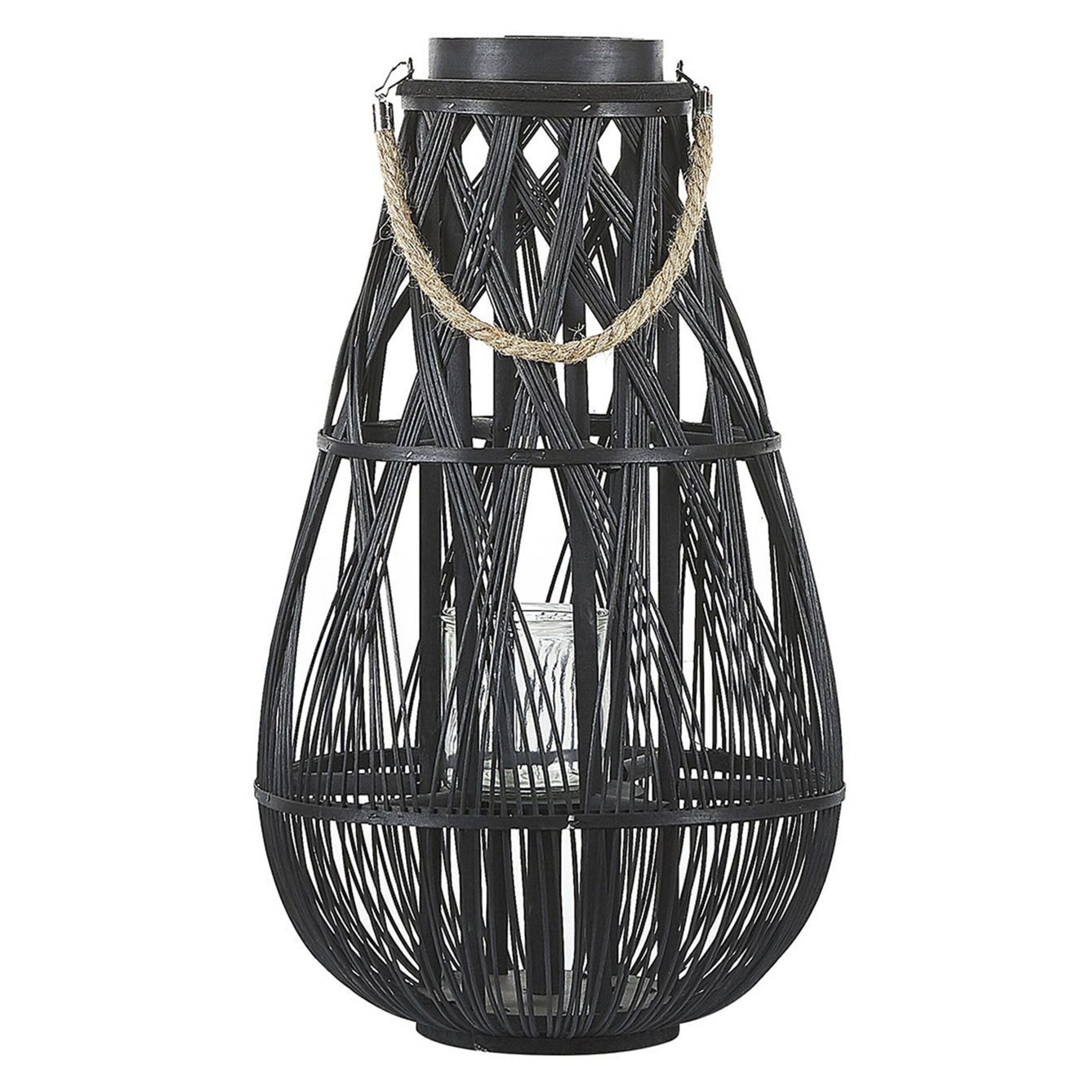 Beliani Lantern Black Bamboo Wood and Glass 56 cm Indoor Outdoor Scandinavian