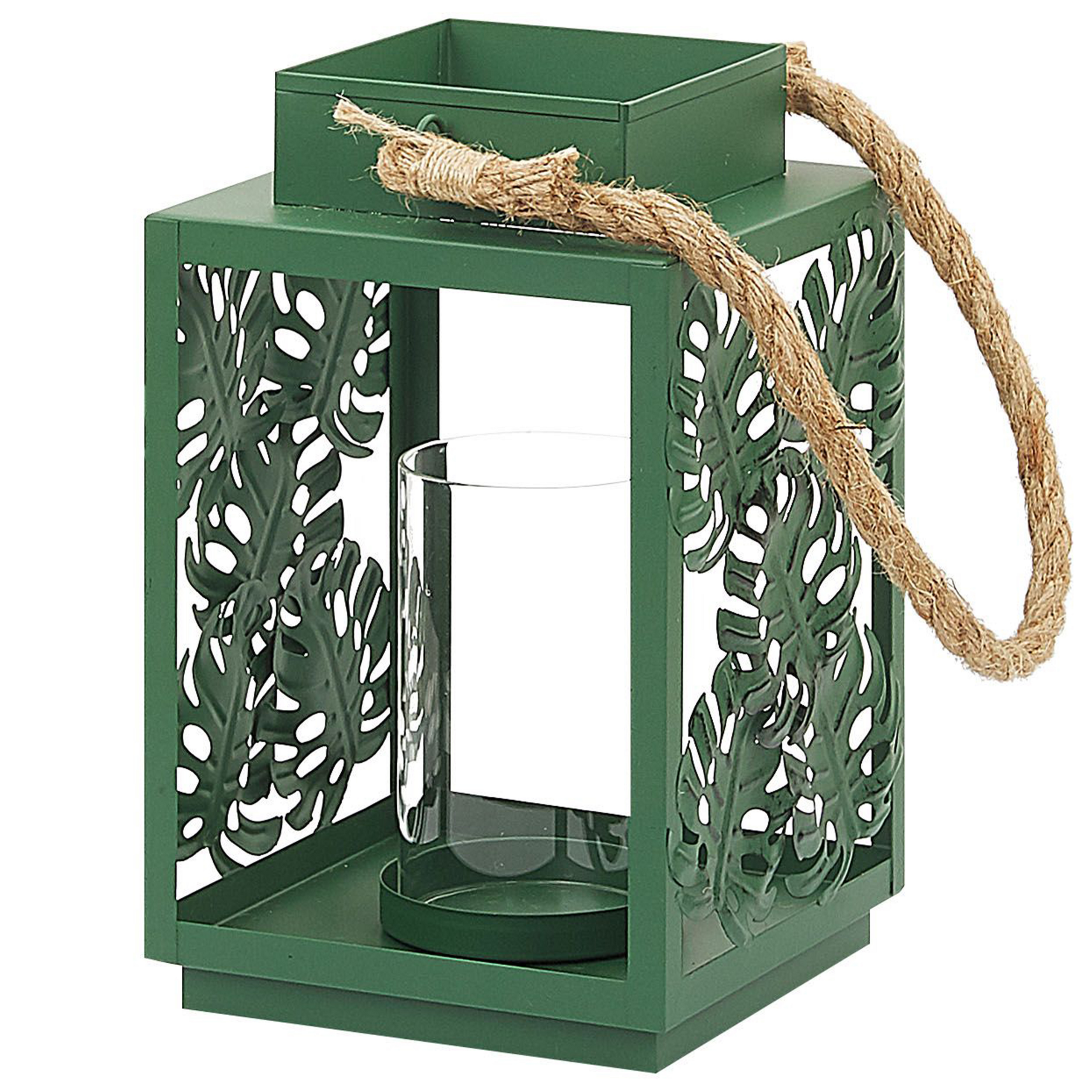 Beliani Lantern Green Metal 25 cm Glass Candle Holder Monstera Leaves Boho Decoration