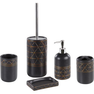 Beliani Bathroom Accessories Set Black Gold Ceramic Art Deco Soap Dispenser Toilet Brush Tumblers Material:Ceramic Size:11x38x13