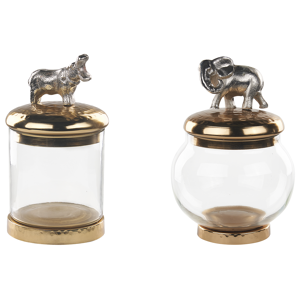 Beliani Set of 2 Decorative Containers Gold and Silver Aluminium Jars Animal Motif Lids Transparent Material:Aluminium Size:12x22/28x12