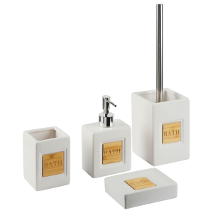 Beliani Bathroom Accessories Set Beige Dolomite Matt Minimalist Soap Dispenser Toilet Brush Container Tumbler Material:Dolomite Ceramic Size:6x16x9