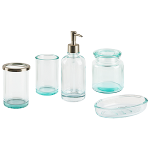 Beliani 5-Piece Bathroom Accessories Set Green Glass Glam Soap Dispenser Soap Dish Toothrbrush Holder Cup Material:Glass Size:10x20x15