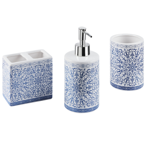 Beliani Bathroom Accessories Set Blue and White Dolomite Coastal Soap Dispenser Toothbrush Holder Container Material:Dolomite Ceramic Size:8x19x8