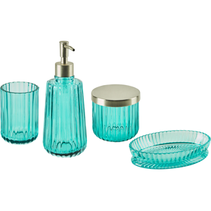 Beliani 4-Piece Bathroom Accessories Set Blue Glass Glam Soap Dispenser Soap Dish Toothrbrush Holder Cup Material:Glass Size:10x21x15