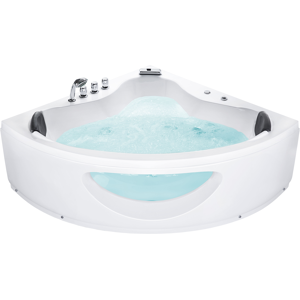 Beliani Corner Whirlpool Bath White Sanitary Acrylic with LED Lights 10 Massage Jets 205 x 146 cm Modern Style Material:Acrylic Size:x61x146