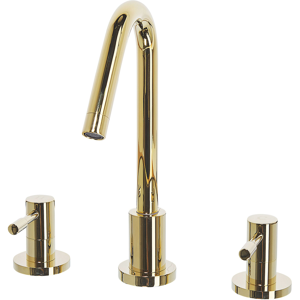 Beliani Basin Mixer Tap Gold Glossy Metal Brass Modern Bathroom Twin Lever Faucet Material:Brass Size:13x27x5.5