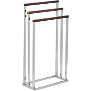 Beliani Towel Stand Glossy Silver and Dark Wood Steel 3 Rails Bathroom Accessories Standing Towel Storage Rack Modern Design Material:Steel Size:21x84x45