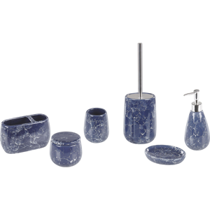 Beliani Bathroom Accessories Set Blue Marble Ceramic Glam Glamour Soap Dispenser Toilet Brush Tumbler Material:Ceramic Size:12x34x15