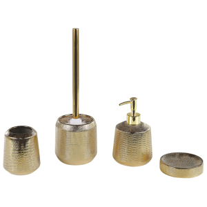 Beliani Bathroom Accessories Set Gold Ceramic Glam Soap Dispenser Toilet Brush Tumblers Material:Ceramic Size:10x33x10