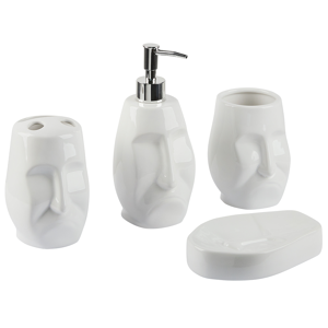 Beliani Bathroom Accessories Set White Dolomite Boho Face-Shaped Soap Dispenser Soap Dish Toothbrush Holder Container Tumbler Material:Dolomite Ceramic Size:9x20x9