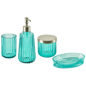 Beliani 4-Piece Bathroom Accessories Set Blue Glass Glam Soap Dispenser Soap Dish Toothrbrush Holder Cup Material:Glass Size:10x21x15