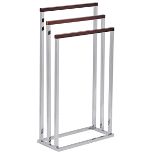 Beliani Towel Stand Glossy Silver and Dark Wood Steel 3 Rails Bathroom Accessories Standing Towel Storage Rack Modern Design Material:Steel Size:21x84x45